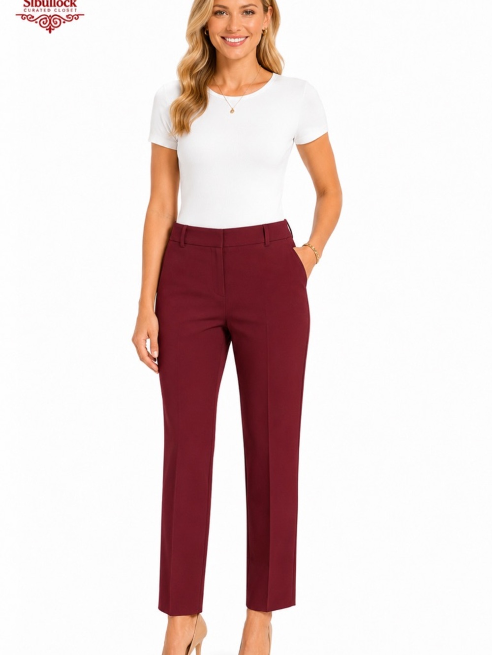 P22 Ann Taylor Size 12 Burgundy Straight Leg Trouser Slacks Stretch Career Pants